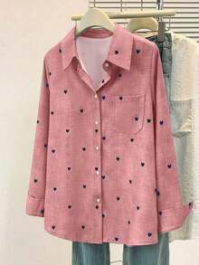Camisa polo de manga larga con bolsillo y estampado de corazón de unicolor básico casual para mujer, adecuada para uso diario en , verano y otoño - Rosa - Ver 10