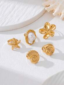 5pcs/Set Starfish, Shell, Conch, Flower & Pearl Shaped Bohemian Asymmetrical Geometric Exaggerated Metal Rings, Suitable For Daily Wear, Party, Music Festival, Beach, Bikini, Elegant & Refined For Women - Starfish, Seashell, Flower - View 5