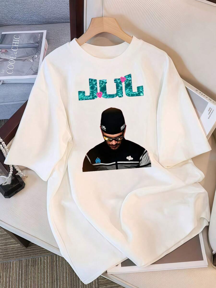 2026 T-Shirt, Graphic T-Shirt With JUL Water Effect Logo, Oversized Casual T-Shirt For French Rap Fans, Retro Bootleg Style K-Pop Idol Oversized T-Shirt, Vintage Graphic Print T-Shirt, Short Sleeve Casual Top, K-Pop Fan Merchandise, Black Streetwear T-Shirt For Fans, Vintage K-Pop Star Graphic T-Shirt, Short Sleeve Oversized T-Shirt With Retro Letter Print, Black Casual Crew Neck Top, Gift For Streetwear Style Idol Fans, Comfortable Loose Fit Cotton Blend T-Shirt For Women And Men. - White - View 1