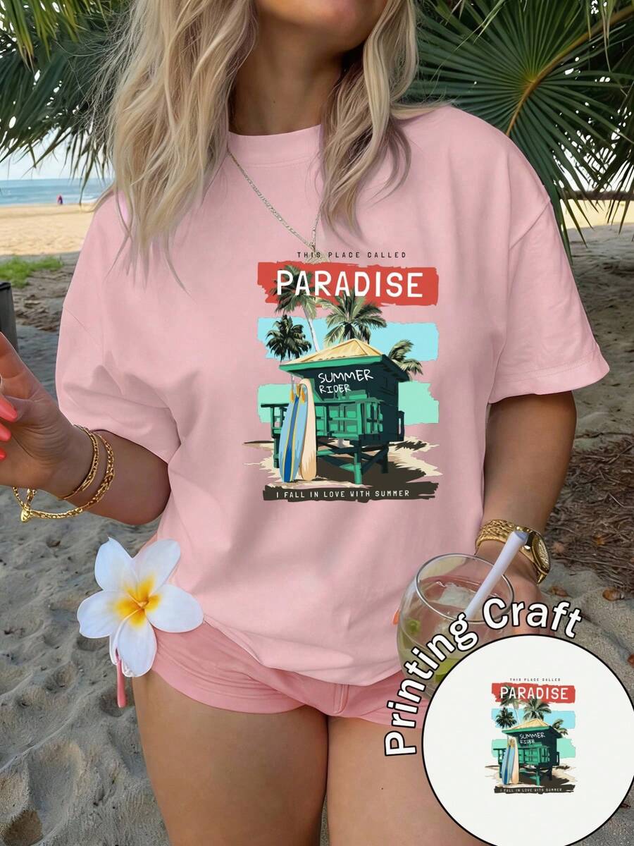 Women's Short-Sleeved T-Shirt, 100% Polyester, Round Neck, Tropical Print Of Hawaiian Hut And Surfboard, Casual Style, Machine Washable, Summer 2026, Ideal For Travel And Everyday Wear - 粉色 - 查看 1