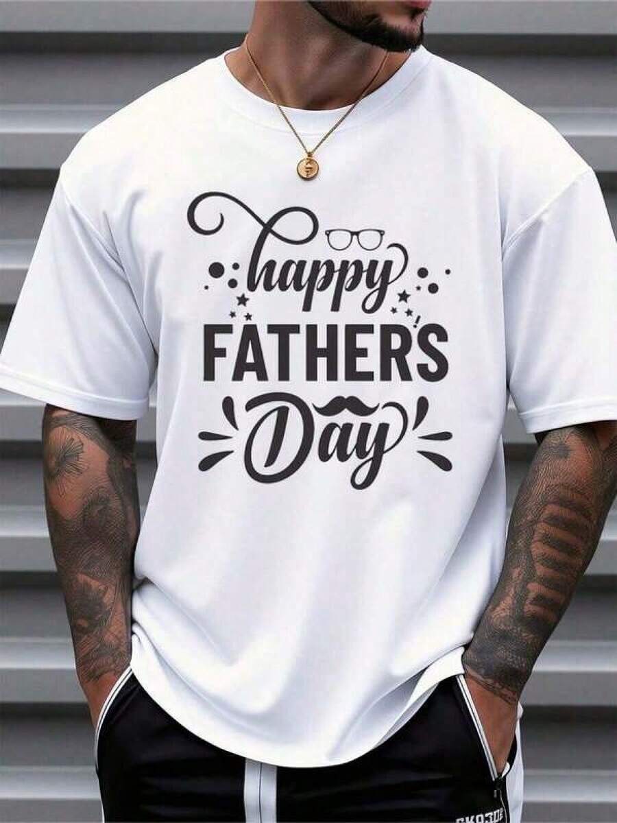 Camiseta de Hombre para el Día del Padre, Casual, de Manga Corta, con Lema "Feliz Día del Padre", Estampado de Huellas y Manos, Cuello Ajustado, Transpirable, Regalo para Papá o para el Día del Padre, Lavable a Máquina - Blanco - Ver 1