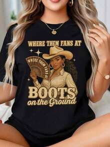 1 pieza Camiseta de manga corta para mujer de talla grande con diseño retro occidental "Botas en el suelo", diseño de botas de vaquero y sombrero, camiseta casual de cuello redondo con estampado vibrante para uso casual y como regalo para fiestas temáticas o festivales, 180g 100% algodón. - Negro - Ver 7