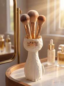 1Pc Milk White Cat Shape Resin Makeup Brush Holder - Creative Cartoon Cute Desk Organizer For Vanity, Lipstick & Eyebrow Pencil Storage, Gift For Her | Home Decor, Room Decor, Boho Decor, Desk Decor, Vanity Organizer, Cute Collectible, Unique Gift, Table Centerpiece - View 2
