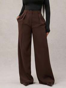 Pantalones anchos de pierna ancha de satén negro sueltos y minimalistas modernos para mujer, pantalones largos de oficina, pantalones anchos negros, pantalones anchos de cintura alta, pantalones de traje negros, pantalones largos de satén, pantalo - Café integral - Ver 1