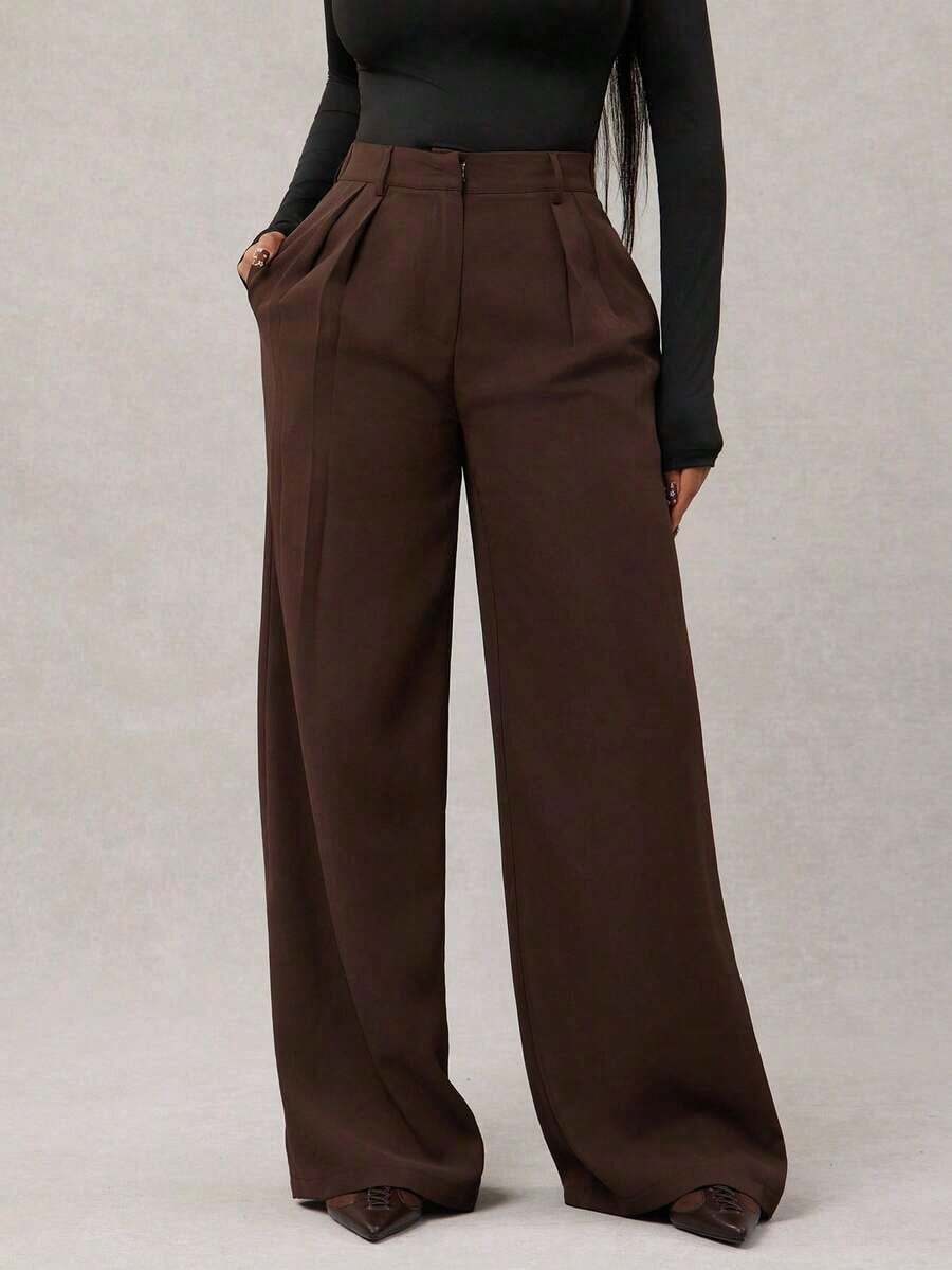 Pantalones anchos de pierna ancha de satén negro sueltos y minimalistas modernos para mujer, pantalones largos de oficina, pantalones anchos negros, pantalones anchos de cintura alta, pantalones de traje negros, pantalones largos de satén, pantalo - Café integral - Ver 1