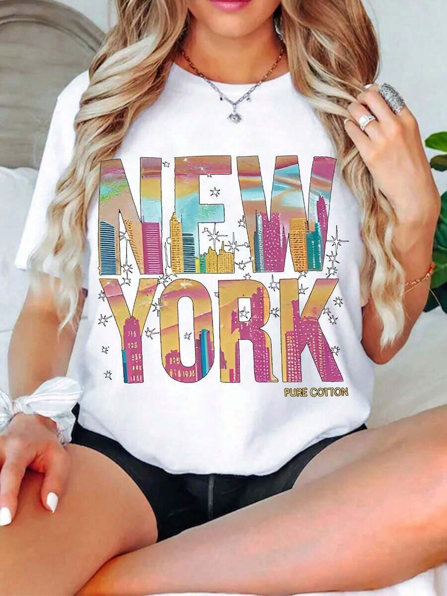 Women's Summer T-Shirt, Casual Style With New York Print, Fashionable Casual T-Shirt For Women, Comfortable, Soft, Sporty, For Fitness, Daily Use, Outdoor, Breathable, With Round Neck And Short Sleeve. - 白色 - 查看 1