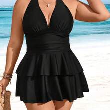 Swim Lushore Plus Size Solid Color V-Neck Ruffle Multi-Layer Hem Swimwear Dress Two Pieces Set, Fashionable Resort Style For Women For Summer Beach Vacation - Agua verde azul - Ver 2