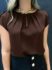 1pc Elegant Short Sleeve Solid Color Woven Fabric Pleated Decor Women Top, Suitable For Vacation, School, Date, Spring/Summer - Coffee Brown - View 2