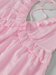 Vestido mini de mujer de color amarillo liso con volantes en los tirantes, de estilo casual de vacaciones, para verano - Rosa Pálido - Ver 5