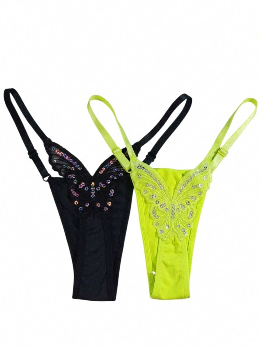 Butterfly Panties Kit 2 Microfiber Thong Lingerie Sexy Sensual Adjustable G-String - Negro y amarillo neón - Ver 1