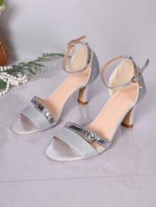 Silver Glitter High Heel Sandals, Versatile Strap Party & Wedding Shoes, Mid-Heel Comfortable Design For Plus Size - Silver - View 6