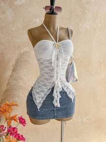Camiseta asimétrica con decoración de conchas marinas, adecuada para vacaciones en la playa, verano - Blanco - Ver 5
