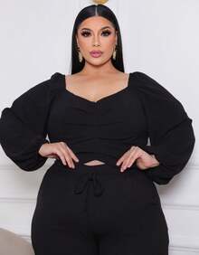 Plus Size Set: Off-The-Shoulder Cropped Top And Elegant High-Waisted Lined Palazzo Pants - 黑色 - 查看 7