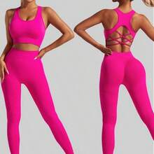 2-Piece Seamless Back Yoga Suit Set, Sports Underwear Women's High Waist Peach Hip Fitness Yoga Pants - Áo ngực hở lưng và quần yoga màu đỏ hồng tuyệt đẹp. - Xem 3