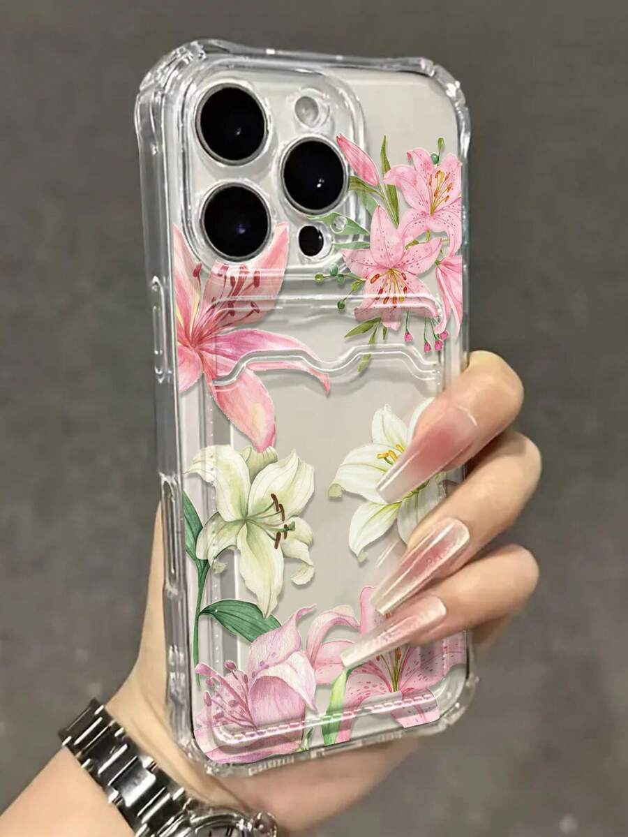White Magnolia Floral Painted Hollow Transparent Card Slot Phone Case, Minimalist Fashion Creative Shockproof Protective Shell, Compatible With IPhone 17/17 Pro/17 Pro Max/16/11/16 Pro/16 Plus/16 Pro Max/16e/15 Pro Max/13/14/12/XS/XR/7G/8P, Compatible With Samsung Galaxy S25/S25 Plus/S25 Ultra/A16/A36/A26/A56/A50/A12/A32/A52/A72/A51/A21S/A13/A14/S24/S24 Plus/S24 Ultra/S20/S23/S22/A53/S20 FE/S21, Compatible With Xiaomi 11/12 Pro/12/12X/13 Pro/14 Pro/15 Pro/X3 Pro - Multicolor - View 1