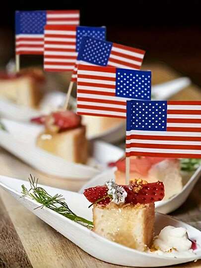 100 piezas/Set Banderines de palillo de madera con bandera estadounidense - Decoraciones patrióticas para bodas, aniversarios, graduaciones, Bar/Bat Mitzvahs - Decoración versátil para fiestas como Navidad, Halloween, Pascua, Acción de Gracias - Sin necesidad de electricidad, sin plumas