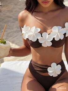 Conjunto de bikini de flores 3D tejido, atuendo sexy para fiesta de playa y piscina, adecuado para vacaciones, Año Nuevo, Navidad, verano - Multicolor - Ver 1