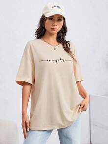 Camiseta holgada casual para mujer con estampado de letras, hombros caídos y cuello redondo, perfecta para el verano enérgico, unisex [Nacional Envio] playeras de mujer algodon - Estilo - Ver 4