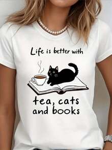 Women's Oversized White T-Shirt With Tea, Cats And Book Print - Breathable Loose Short Sleeve, Cute Book And Teacup Design With Black Gao And Book Lover Gift For Tea Party, Casual Tre (Life Is Better With Tea, Cats, - 白色 - 查看 1
