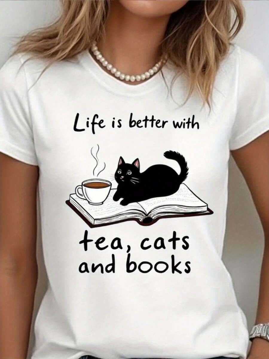 Women's Oversized White T-Shirt With Tea, Cats And Book Print - Breathable Loose Short Sleeve, Cute Book And Teacup Design With Black Gao And Book Lover Gift For Tea Party, Casual Tre (Life Is Better With Tea, Cats, - 白色 - 查看 1