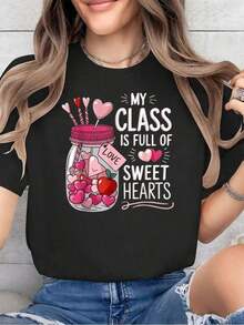 Camiseta de algodón con texto: Amor, Maestro, San Valentín, Mi Clase Está Llena de Enamorados, Regalos. Camiseta Estampada De Cuello Redondo Para Verano. Camiseta Suave De Manga Corta Para Mujer. Camiseta Elegante Y Cómoda. Camisetas Gráficas.-Vintage Street Style Unisex Loose Cotton Short Sleeve Crew Neck T-Shirtblusas para mujer, playeras de mujer,blusas casuales para dama, - Negro - Ver 6
