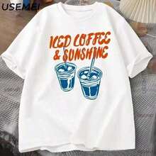 Iced Coffee T-Shirt And Sun Gift For Coffee Lovers Printed Coffee Club T-Shirt With Vintage Street Style Vibes Unisex Loose Cotton Short Sleeve Crew Neck T-Shirt Blouses For Women, Women's T-Shirts, Casual Blouses For Ladies - 白色 - 查看 2