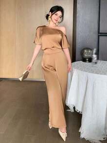 Mono de verano de lujo y elegante para mujeres, mono de satén ligero y de aspecto rico de alta gama - Marrón - Ver 3