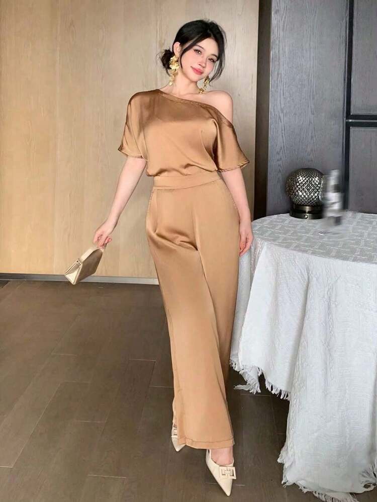 Mono de verano de lujo y elegante para mujeres, mono de satén ligero y de aspecto rico de alta gama - Marrón - Añade 3