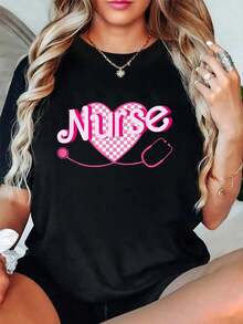 Women's 100% Cotton Nurse T-Shirt, Retro Pink Style, Vintage Urban Style, Unisex, Loose Fit, Short Sleeve And Round Neck, 100% Pure Cotton - Black - View 6