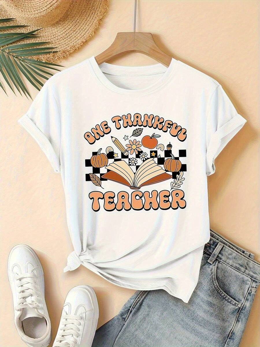 Wo Teacher Appreciation T-Shirt - Vibrant Pink "One Thanksgiving Teacher" | Impresión gráfica con hojas de otoño y libros, tela transpirable ligera, camiseta de cuello redondo de manga corta de uste suelto para regalos de educadores, eventos y tre informal