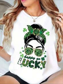 1 pieza de camiseta de la suerte para el Día de San Patricio con diseño de diadema de trébol y gafas de sol, estampado Happy Go Lucky para mujeres, atuendo de celebración, 210g 100% algodón, los diseños están completamente impresos. Unisexo. - Blanco - Ver 1