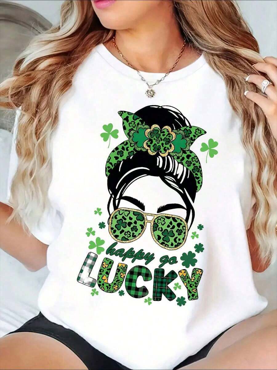 1 pieza de camiseta de la suerte para el Día de San Patricio con diseño de diadema de trébol y gafas de sol, estampado Happy Go Lucky para mujeres, atuendo de celebración, 210g 100% algodón, los diseños están completamente impresos. Unisexo. - Blanco - Ver 1