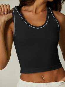 NcmRyu 1 pieza Camiseta deportiva de mujer de cuello redondo, ajustada y corta, con contraste de color, de espalda de tirantes, suave y cómoda - Negro - Ver 4