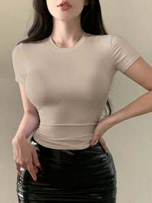 Camiseta de manga corta para mujer de ajuste ceñido, de cuello redondo y unicolor para el verano - Albaricoque - Ver 2