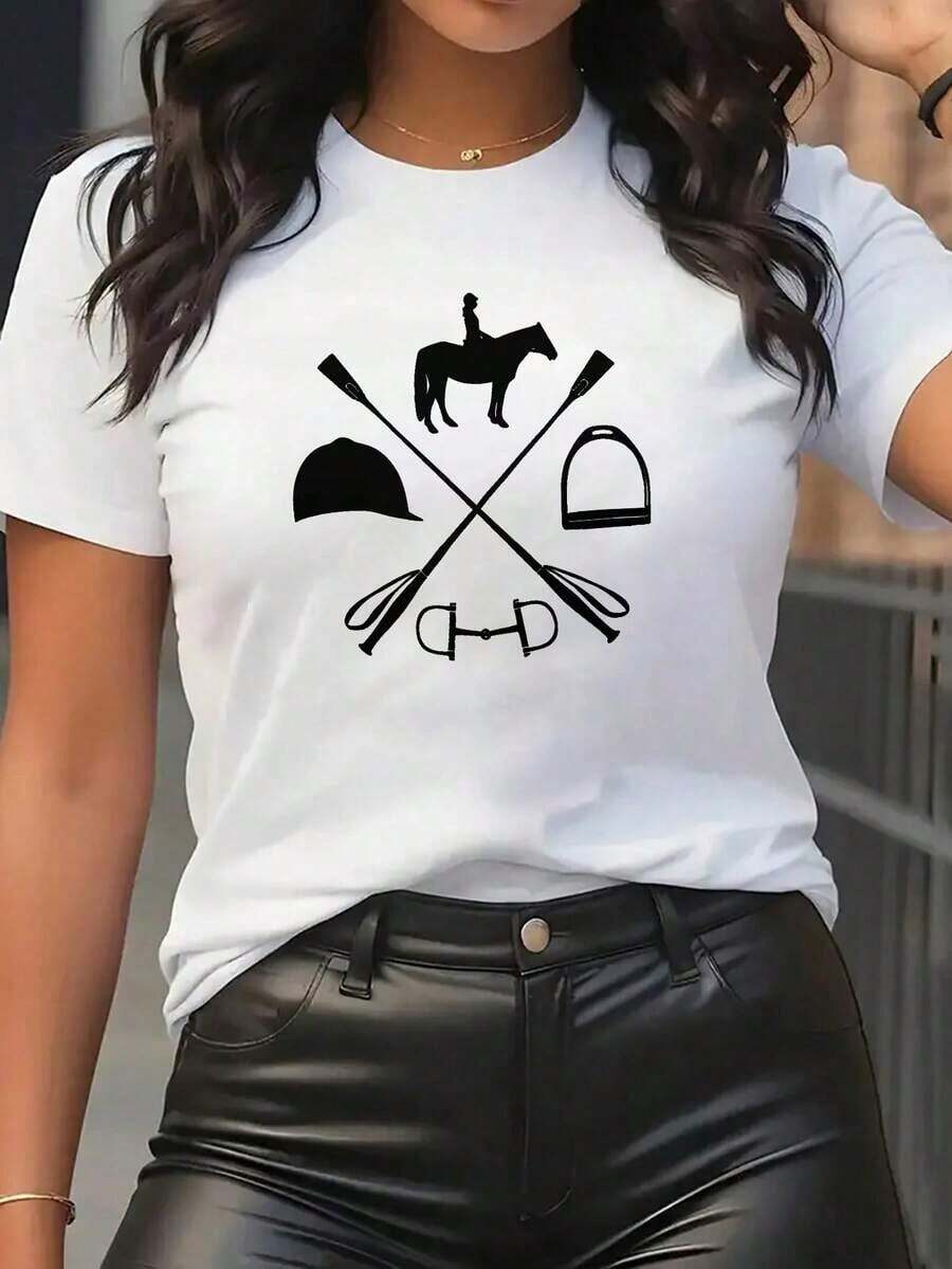 Women's Clothing, Equestrian Clothing For Women, Graphic Print T-Shirt - Breathable, Crew Neck, Casual Short Sleeve With Cross Horse And Saddle Design, Comfortable Fit For All Seasons, Equestrian Clothing, Casual Style, Medium Elasticity Fabric, Women's Shirts - 白色 - 查看 1