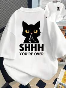 Camiseta con Estampado de Gato Negro, Manga Corta, Cuello Redondo, Estilo Casual para Primavera y Verano, Ropa de Mujer, Camiseta Y2k - Blanco - Ver 1