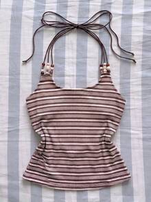 Women's Knit Striped Camisole, Regular Length, Open Back Tie Strap Design - Pink - View 1