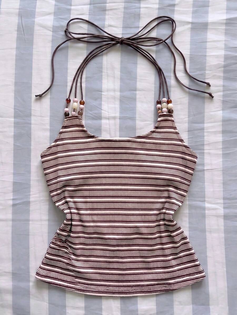 Women's Knit Striped Camisole, Regular Length, Open Back Tie Strap Design - Pink - View 1