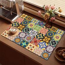 1pc Multicolor Floral Tile Pattern Printed Coffee Bar Mat, Stove Mat, Drainage Mat, Silicone Drainage Mat For Coffee Machine, Rubber Drainage Mat, Super Absorbent And Wear-Resistant Dish Drying Mat, For Countertop, Restaurant, Kitchen, Patio Dining Table Decor, Household Kitchen Supplies, Countertop Decorative Mat - Multicolor - View 2