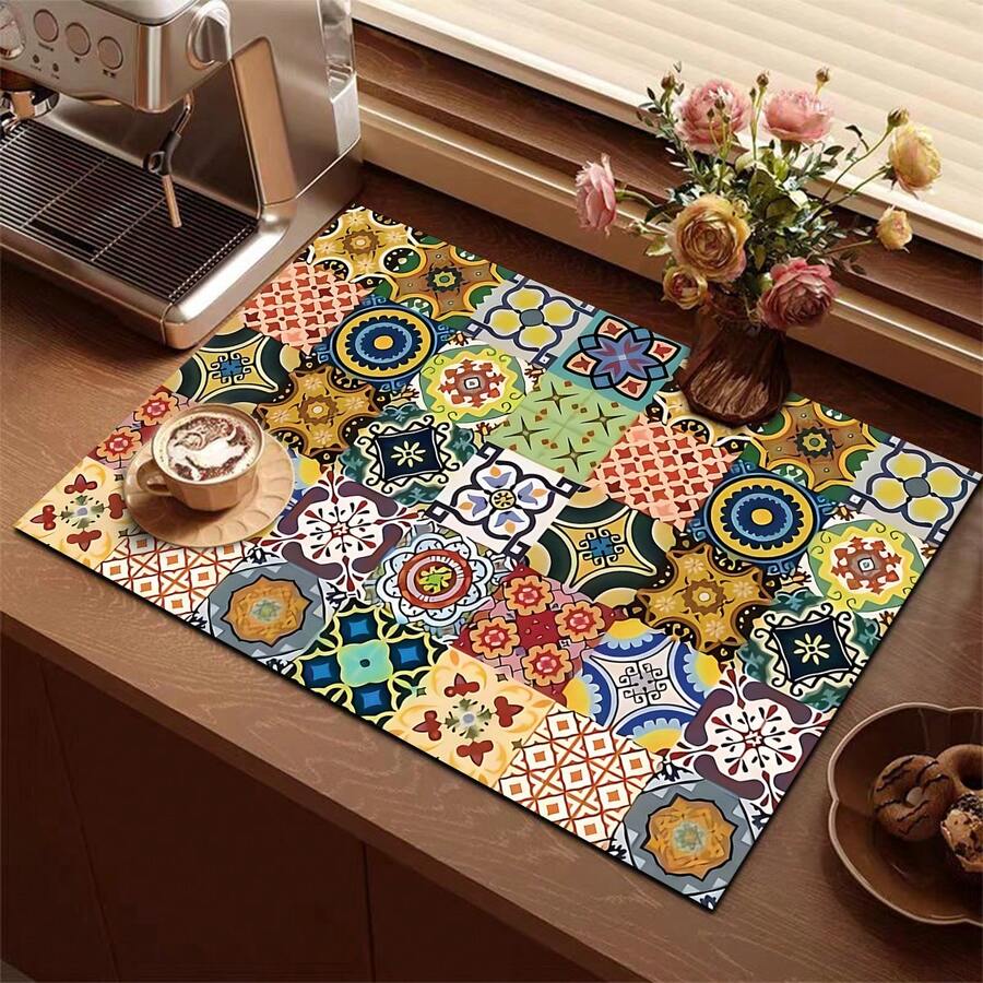 1pc Multicolor Floral Tile Pattern Printed Coffee Bar Mat, Stove Mat, Drainage Mat, Silicone Drainage Mat For Coffee Machine, Rubber Drainage Mat, Super Absorbent And Wear-Resistant Dish Drying Mat, For Countertop, Restaurant, Kitchen, Patio Dining Table Decor, Household Kitchen Supplies, Countertop Decorative Mat