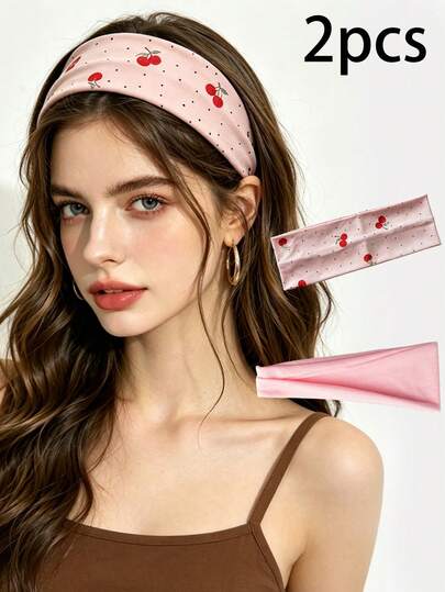 2pcs Stretchy Women's Headbands, Romantic Pink Cherry Blossom Print Hair Bands, Sweat-Absorbent For Running & Fitness, Soft & Fashionable Hair Accessories