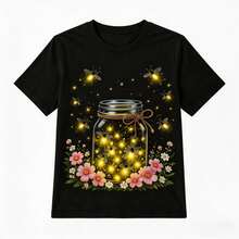 Glow Firefly Jar Graphic Tee Women Cute Summer Casual Short Sleeve Round Neck Aesthetic T-Shirt - Negro - Ver 9