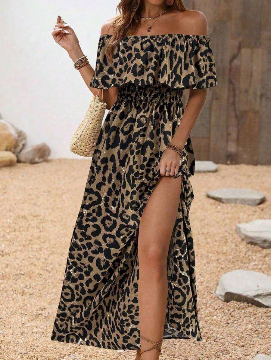 xheBreezaya Vestido informal con estampado de hojas, hombros descubiertos y abertura lateral para vacaciones de veranoxhe - Multicolor 8 - Ver 1