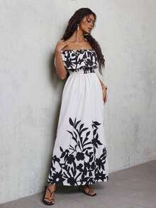 MEXBreezaya Vestido largo de hombros descubiertos con abertura en el muslo con estampado de plantas para vacaciones de verano, atuendo de playa de maxi vestido para mujeresMEX JXNW - Multicolor 11 - Ver 5