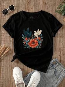 Regalo |       1 Playera para Mujer 100% Algodón Transpirable | Camisetas estampadas para mujer, blusas casuales para mujer, camiseta de manga corta de talla grande para mujer con estampado de pájaros azules y blancos, flores rojas y hojas verdes, camisetas de talla grande, blusas para mujer – Un gran regalo para familiares, amigos, novios y novias. Ropa de invierno para mujer, ideal para el verano.Soft - Negro - Ver 3