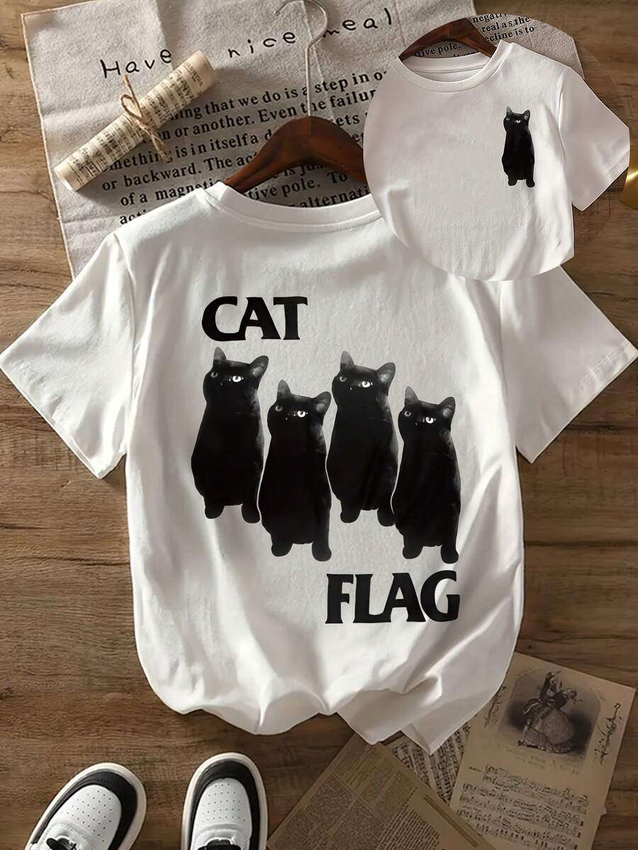 Women's Short Sleeve T-Shirt With Cat Print - "Cat Flag" Design, Crew Neck, Lightweight Summer Top With Fun Black Cat Illustration, Casual Wear | Fun Design T-Shirt | Y2k Lightweight Fabric T-Shirt - 白色 - 查看 1