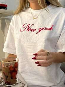 1 pcsCamiseta de Mujer Estilo Vintage, 100% Algodón, Cuello Redondo, Manga Corta con Estampado Geométrico de Nueva York, Camiseta Casual de Verano en Tejido de Punto180g 100% CottonSuitable for spring, summer and autumnmaija mujer - Blanco - Ver 8