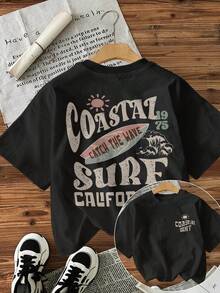 [Orientación a la Naturaleza][Impresión a Doble Cara]Camiseta de Manga Corta con Cuello Redondo, Estilo Vintage, Estampado de Onda de Tabla de Surf y Costero, 19 75, Camiseta de Algodón Cómoda para Uso Diario - Negro - Ver 1