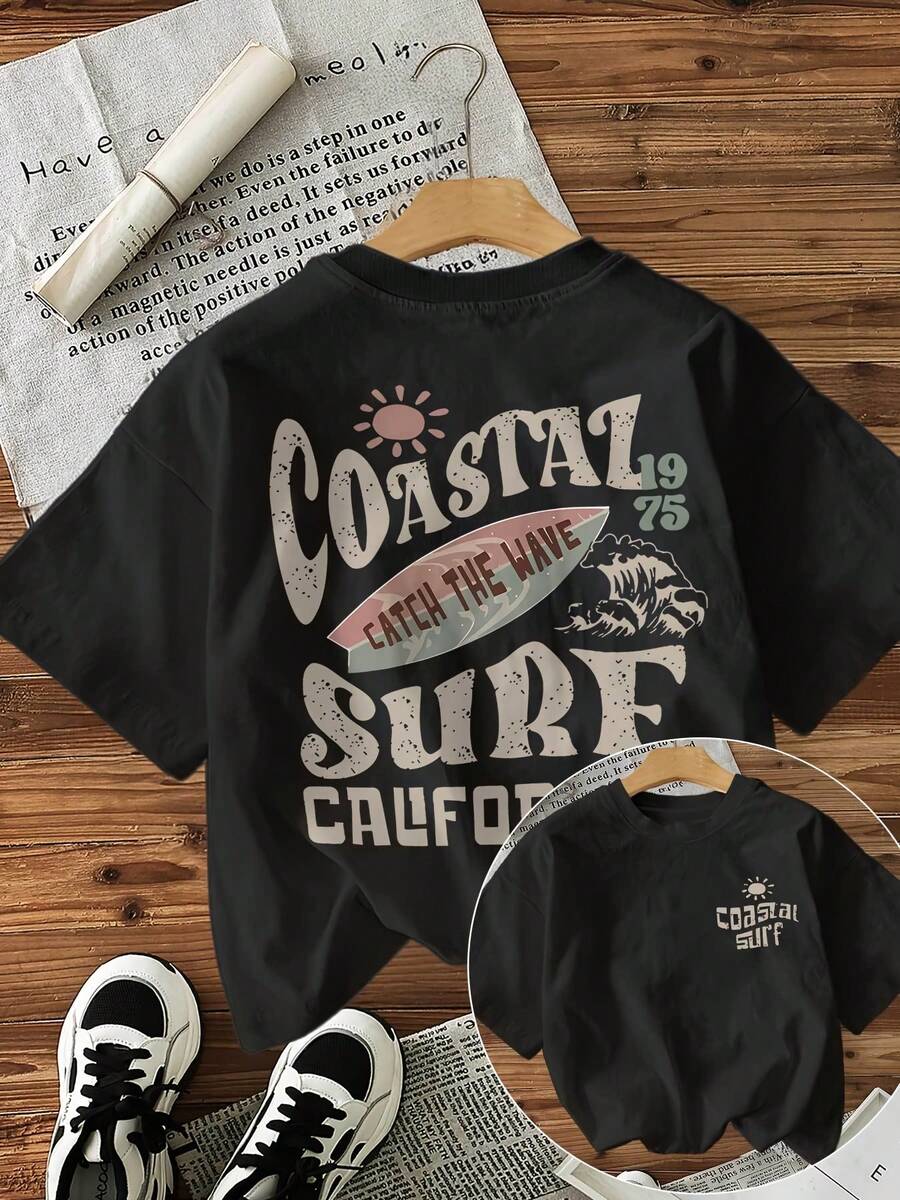 [Orientación a la Naturaleza][Impresión a Doble Cara]Camiseta de Manga Corta con Cuello Redondo, Estilo Vintage, Estampado de Onda de Tabla de Surf y Costero, 19 75, Camiseta de Algodón Cómoda para Uso Diario - Negro - Ver 1