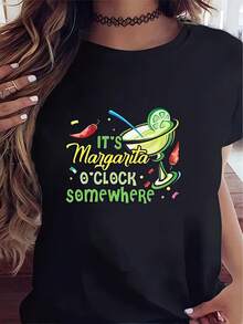100% Cotton T-Shirt With Print, Short Sleeves And Round Neck, Casual Top For Women, Casual Spring/Summer Everyday Wear. - 黑色 - 查看 6